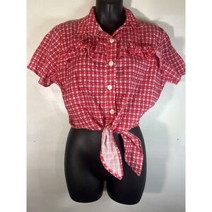 Vtg 80s Bonjour Plaid Red White Crop Top Daisy Duke Picnic Beach Summer Party